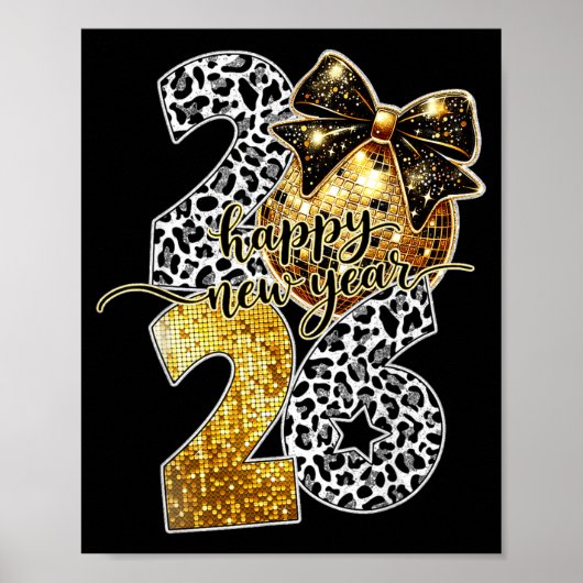 Happy New Year Cute Gold Disco Ball Bow New Year's Poster (Voorkant)