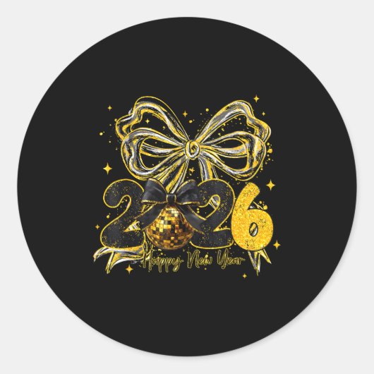 Happy New Year Cute Gold Disco Ball Bow New Year's Ronde Sticker (Voorkant)