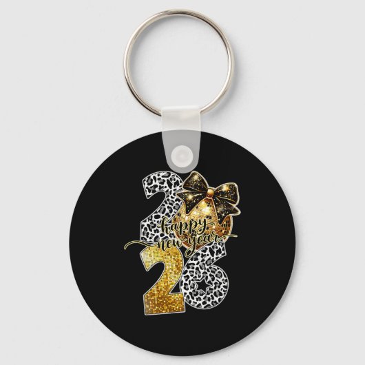 Happy New Year Cute Gold Disco Ball Bow New Year's Sleutelhanger (Voorkant)