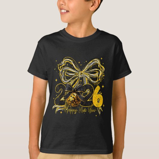 Happy New Year Cute Gold Disco Ball Bow New Year's T-shirt (Voorkant)
