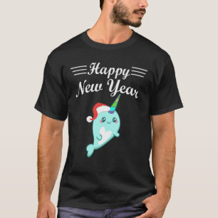 Happy New Year Cute Narwhal Santa Hat Funny Pajama T-shirt