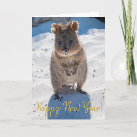 Happy New Year Cute Quokka op het strand Australië Kaart (Voorkant)