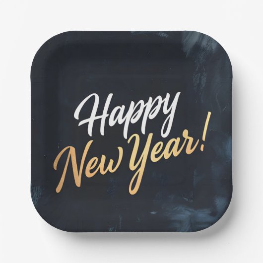 Happy New Year Deep Blue Strokes Papieren Bordje (Voorkant)
