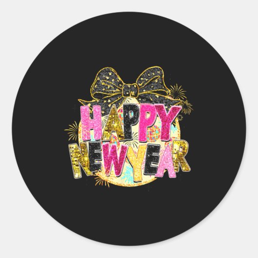 Happy New Year Disco Ball Coquette Bow New Years E Ronde Sticker (Voorkant)