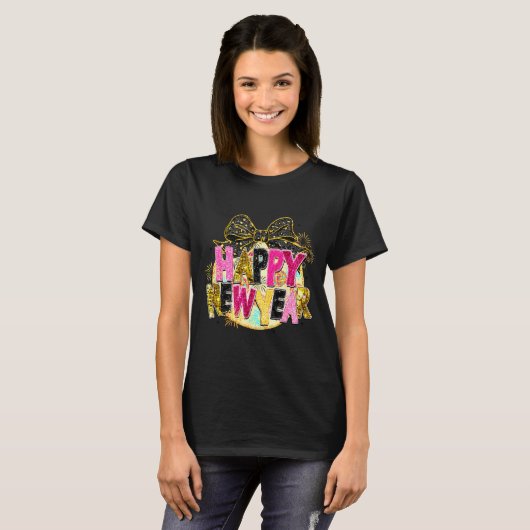 Happy New Year Disco Ball Coquette Bow New Years E T-shirt (Voorkant volledig)