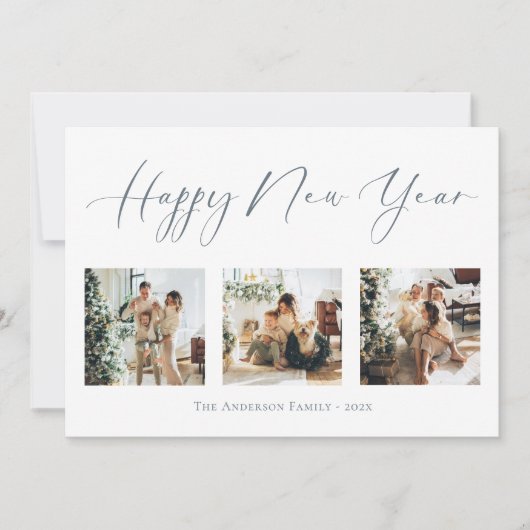 Happy New Year Dusty Blue Multi Photo Collage Feestdagenkaart (Voorkant)