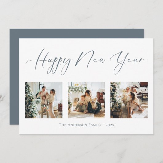 Happy New Year Dusty Blue Multi Photo Collage Feestdagenkaart (Voorkant / Achterkant)