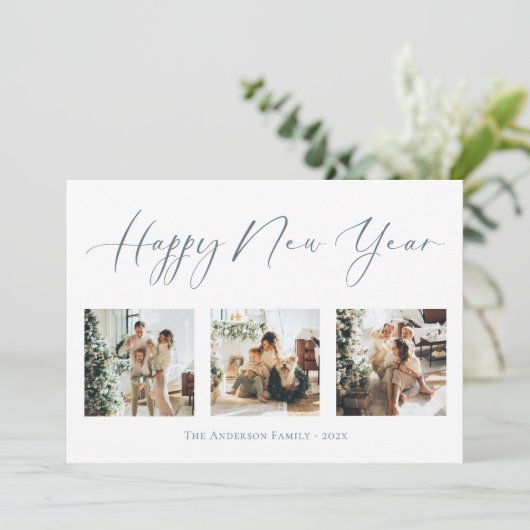 Happy New Year Dusty Blue Multi Photo Collage Feestdagenkaart (Staand voorkant)
