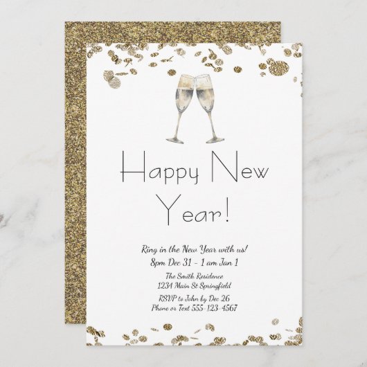 Happy New Year Elegant Gold Glitter and White  Kaart (Voorkant / Achterkant)