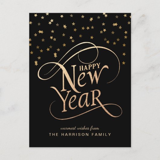 Happy New Year Elegant Script Black Gold Feestdagenkaart (Voorkant)
