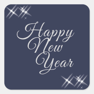 Happy New Year Elegant Sparkles Navy Blue Vierkante Sticker