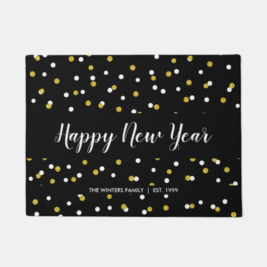 Happy New Year + familienaam, gouden zwarte confet Deurmat (Voorkant)