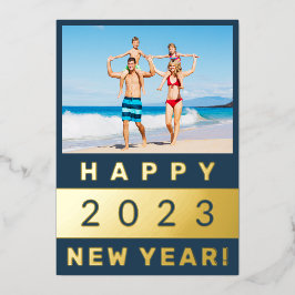 Happy New Year Family Foto in Blue en Gold Folie Feestdagenkaart