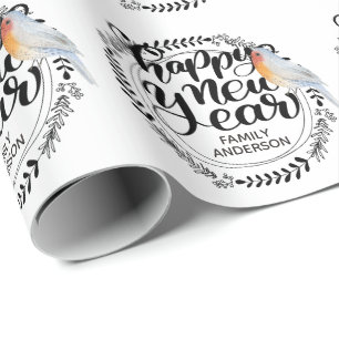 HAPPY NEW YEAR Festive Winter Robin Personalized Cadeaupapier
