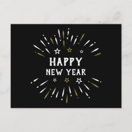 Happy New Year Fireworks Black White Gold Stars Briefkaart