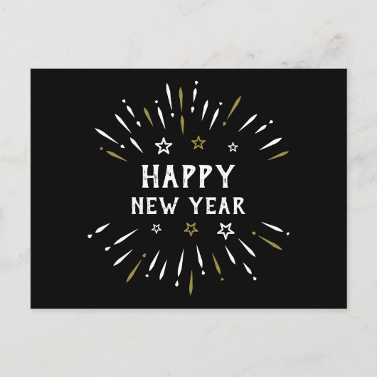 Happy New Year Fireworks Black White Gold Stars Briefkaart (Voorkant)