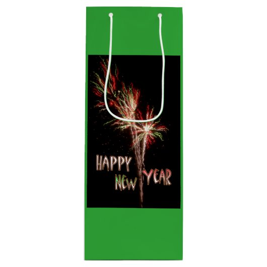 Happy New Year Fireworks GREEN Wine Bag Wijn Cadeautas (Voorkant)