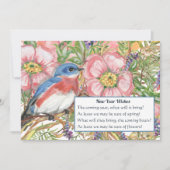 Happy New Year Floral Waterverf Blue Bird Poem Feestdagenkaart (Voorkant)