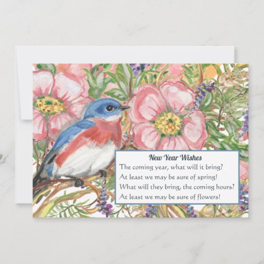 Happy New Year Floral Waterverf Blue Bird Poem Feestdagenkaart (Voorkant)