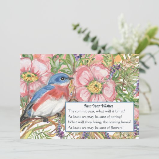 Happy New Year Floral Waterverf Blue Bird Poem Feestdagenkaart (Staand voorkant)