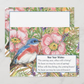 Happy New Year Floral Waterverf Blue Bird Poem Feestdagenkaart (Voorkant / Achterkant)