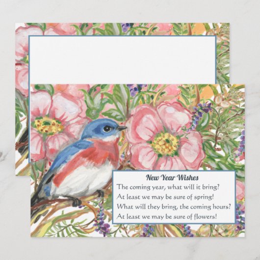 Happy New Year Floral Waterverf Blue Bird Poem Feestdagenkaart (Voorkant / Achterkant)