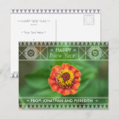 Happy New Year Flower Green Oranje Floral Art Deco Briefkaart (Voorkant / Achterkant)