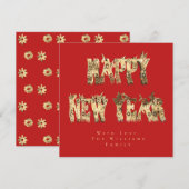 Happy New Year Flowers Red en Gold Script Floral Feestdagenkaart (Voorkant / Achterkant)