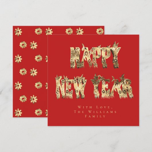 Happy New Year Flowers Red en Gold Script Floral Feestdagenkaart (Voorkant / Achterkant)