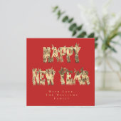 Happy New Year Flowers Red en Gold Script Floral Feestdagenkaart (Staand voorkant)