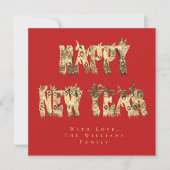 Happy New Year Flowers Red en Gold Script Floral Feestdagenkaart (Voorkant)