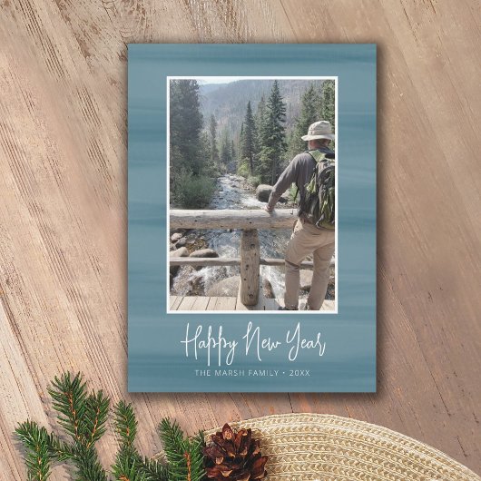 Happy New Year Foto met soft waterverf blue Feestdagenkaart