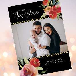 Happy New Year Foto's Waterverf Bloemen Goud Zwart Feestdagenkaart