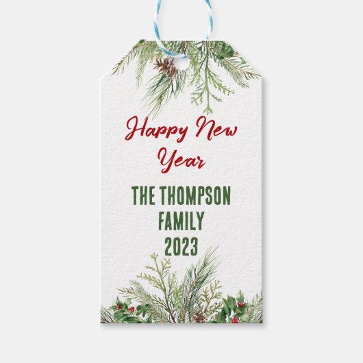 Happy New Year Framed Winter Wheath Greeting Cadeaulabel (Voorkant)