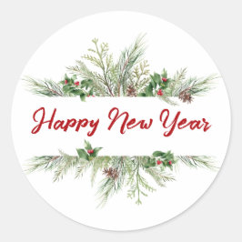 Happy New Year Framed Winter Wheath Greeting Ronde Sticker