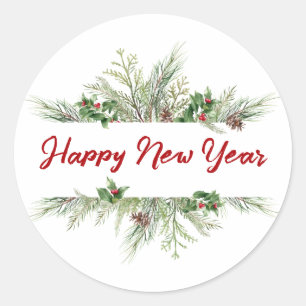 Happy New Year Framed Winter Wheath Greeting Ronde Sticker