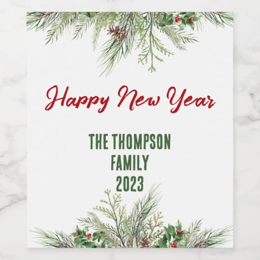 Happy New Year Framed Winter Wheath Greeting Wijn Etiket (Enkel label)