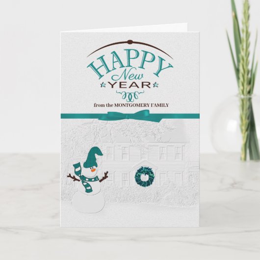 Happy New Year Front Yard Snowman met naam Feestdagen Kaart (Voorkant)