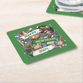 Happy New Year Funny Animal Fans Sjaal Cartoon Kartonnen Onderzetters