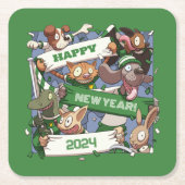 Happy New Year Funny Animal Fans Sjaal Cartoon Kartonnen Onderzetters (Voorkant)
