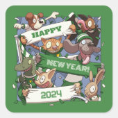 Happy New Year Funny Animal Fans Sjaal Cartoon Vierkante Sticker (Voorkant)