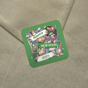 Happy New Year Funny Animal Fans Sjaal Cartoon Vierkante Sticker