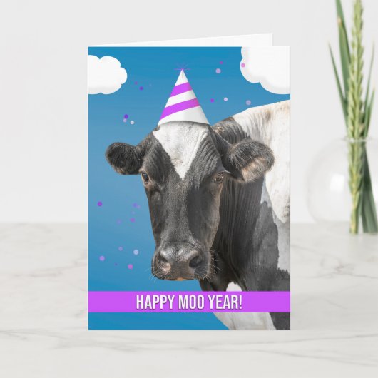 Happy New Year Funny Cow Wearing Party Hat Humor  Feestdagen Kaart (Voorkant)