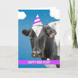 Happy New Year Funny Cow Wearing Party Hat Humor  Feestdagen Kaart