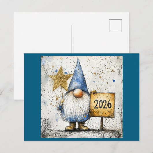 Happy New Year Gnome, 2026, Briefkaart (Voorkant / Achterkant)