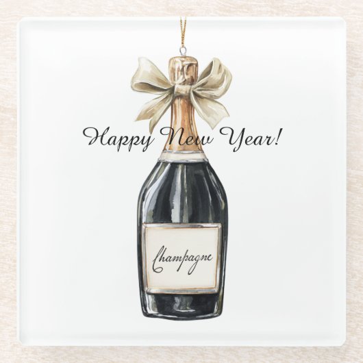 Happy New Year Gold Black Champagne Bottle Glazen Onderzetter (Voorkant)