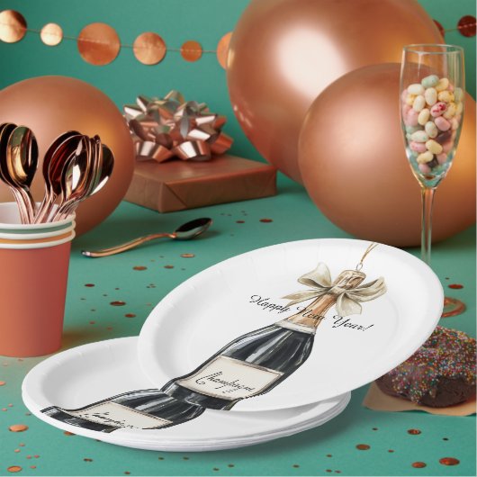 Happy New Year Gold Black Champagne Bottle Papieren Bordje (Multi)