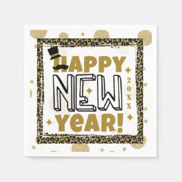 Happy New Year Gold Black leopard Print Servet