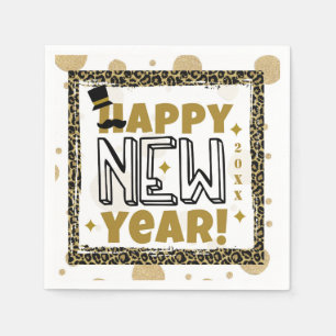 Happy New Year Gold Black leopard Print Servet