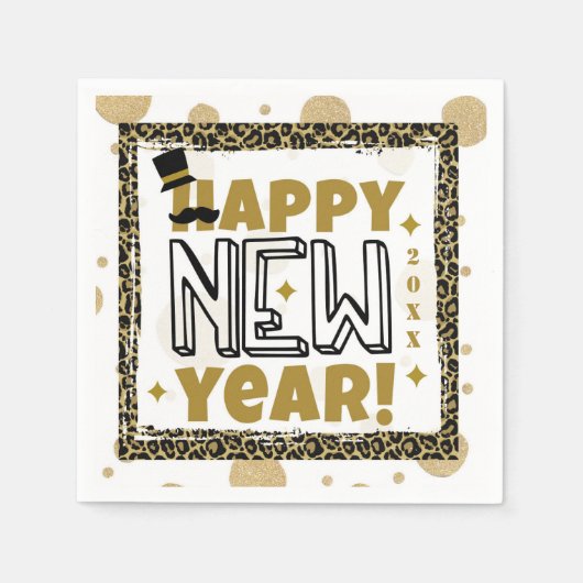 Happy New Year Gold Black leopard Print Servet (Voorkant)